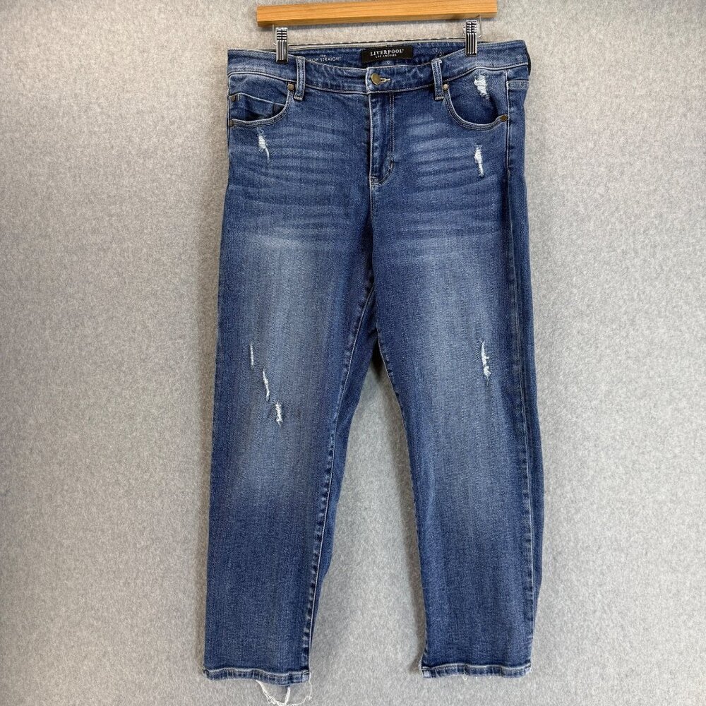 Liverpool The Crop Straight Jeans Denim Distressed Medium Wash Womens Size 12 31